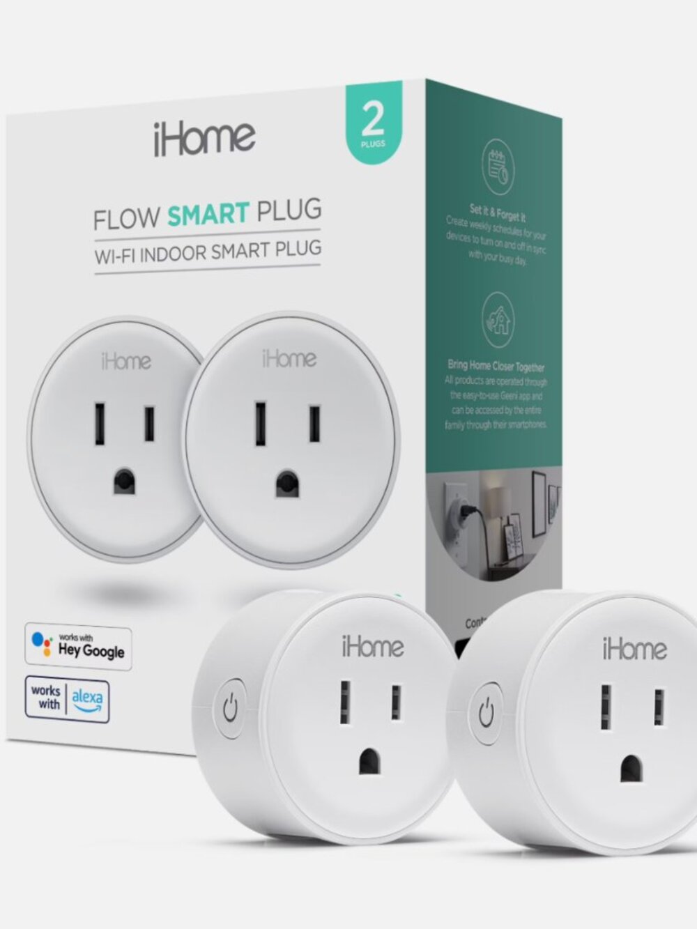 iHome Smart Plug, Wi-Fi Outlet, Works with Alexa & Google, 2 plugs